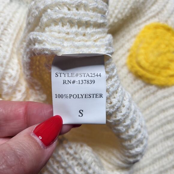 Luna Ivy Viral 3D Heart Sweater Open Weave Lightweight Cream Rainbow Crew Medium - Picture 8 of 8